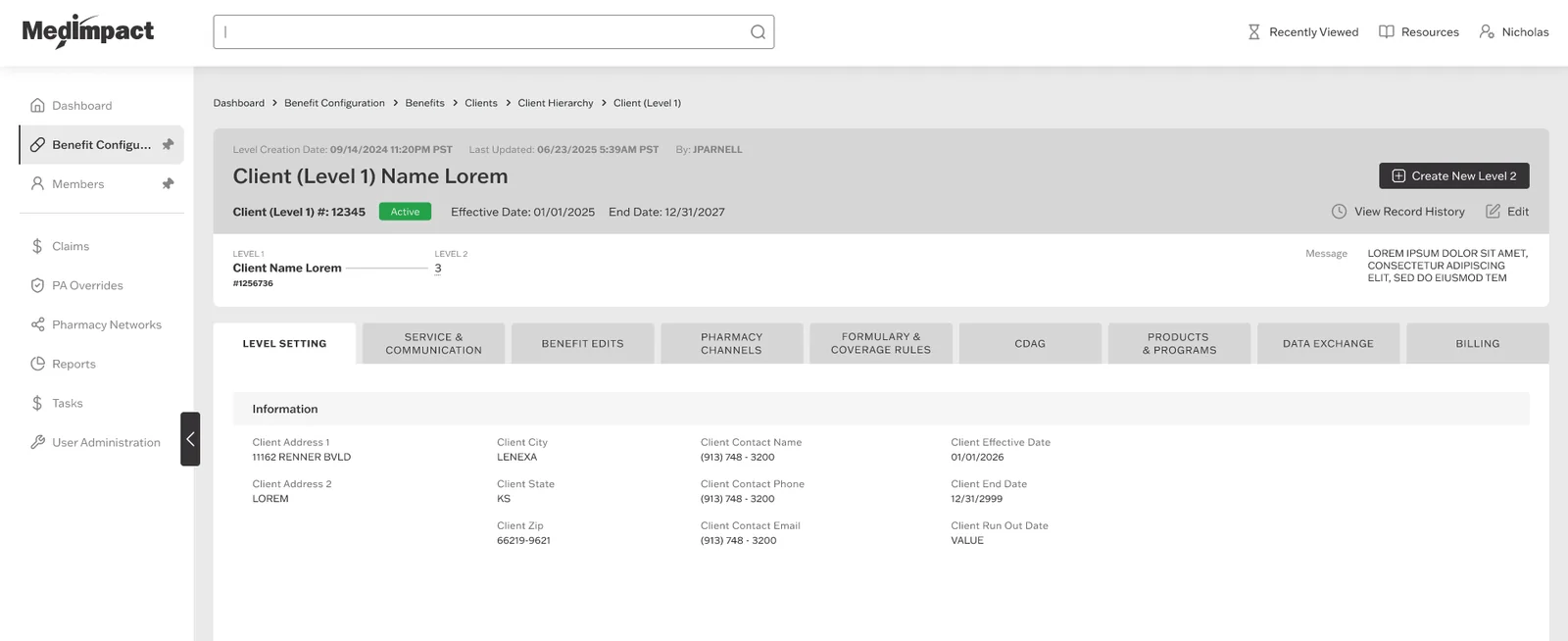 Client detail page showing client identification, status, and a horizontal row of configuration category tabs.