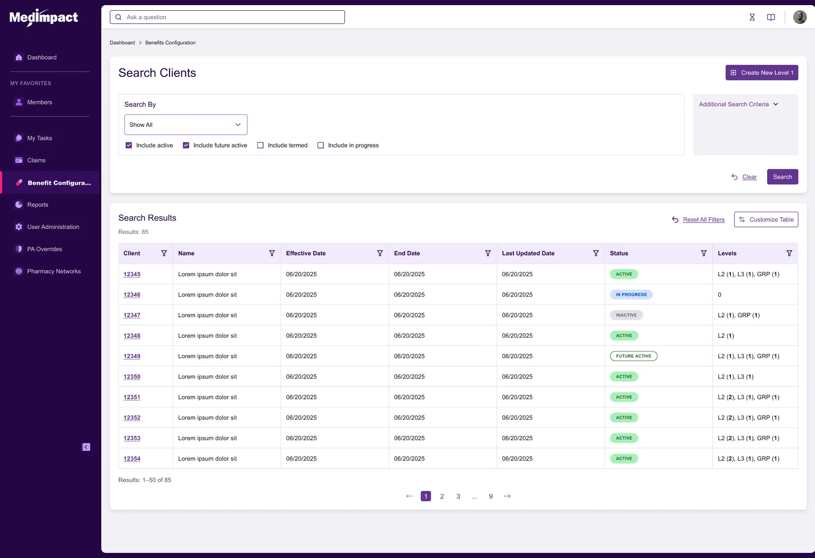 Client search landing page with search criteria, a customisable results table showing client numbers, dates, status badges and levels, and pagination.