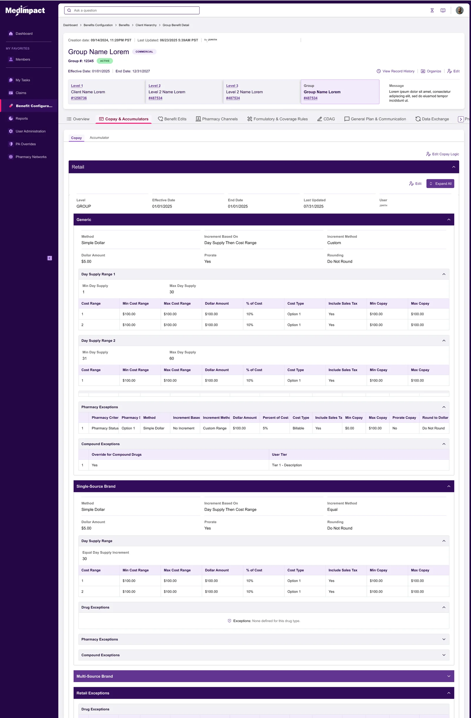 Full copay configuration screen: retail section with generic, single-source brand and multi-source brand panels, each containing day-supply ranges, cost-range tables, pharmacy exceptions and compound exceptions.