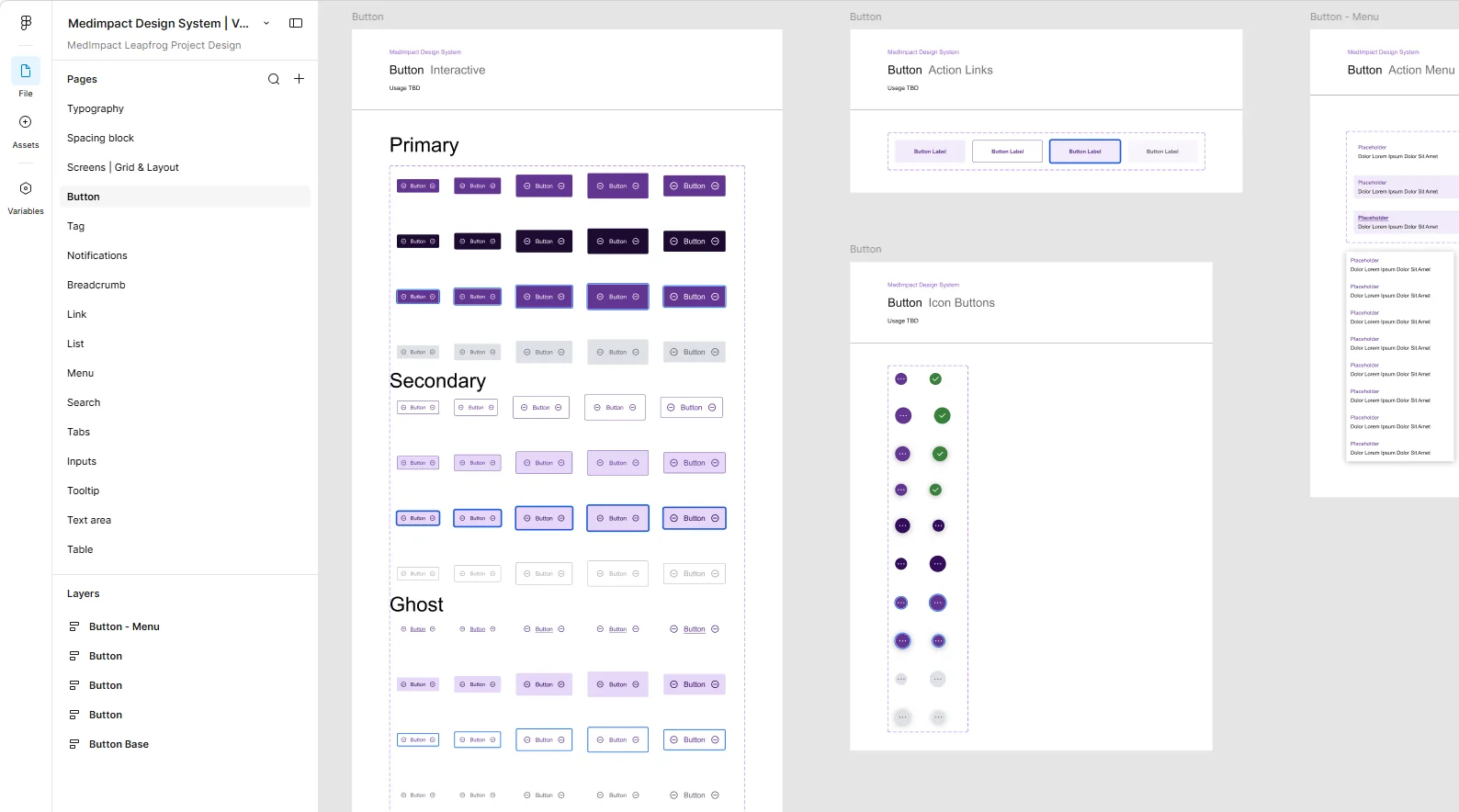 Design system file showing button variants: primary, secondary and ghost styles across multiple states, plus action links, icon buttons and action menus.