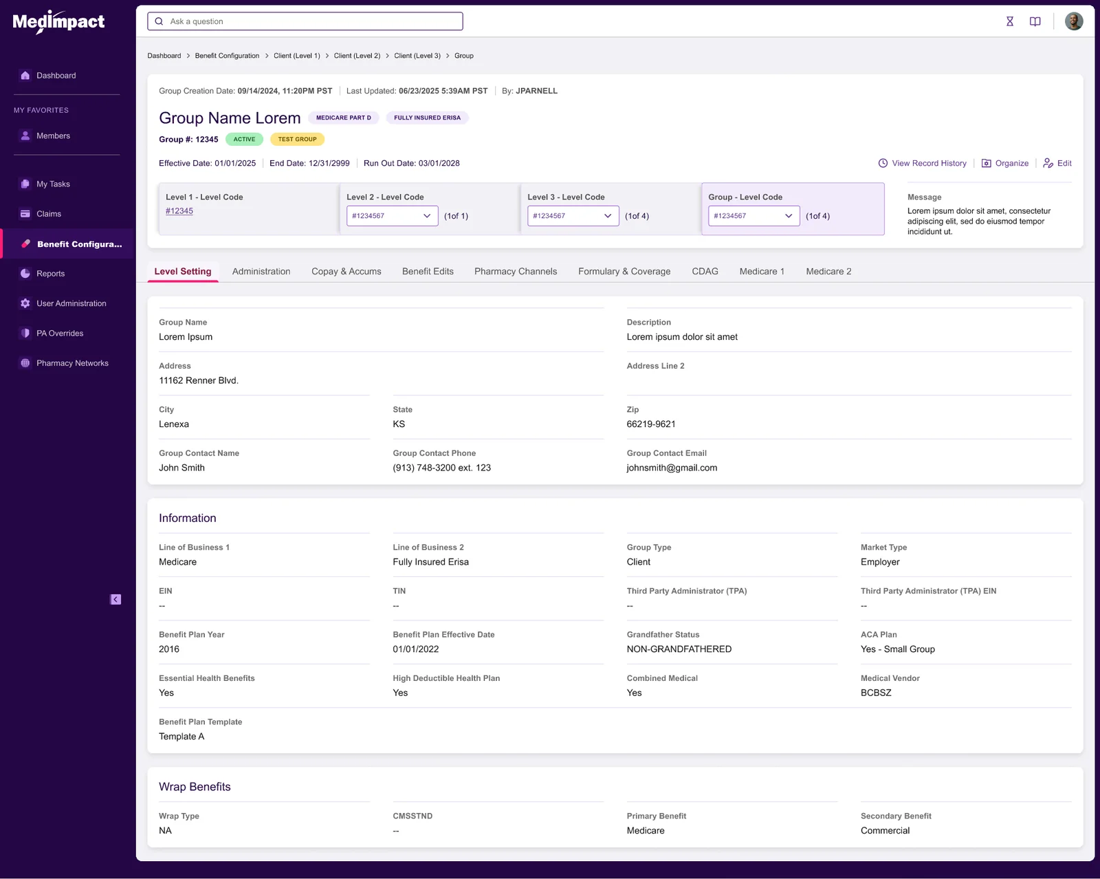 Group benefit detail screen showing a row of level cards for Level 1, Level 2, Level 3 and the group itself, above a tabbed configuration area.